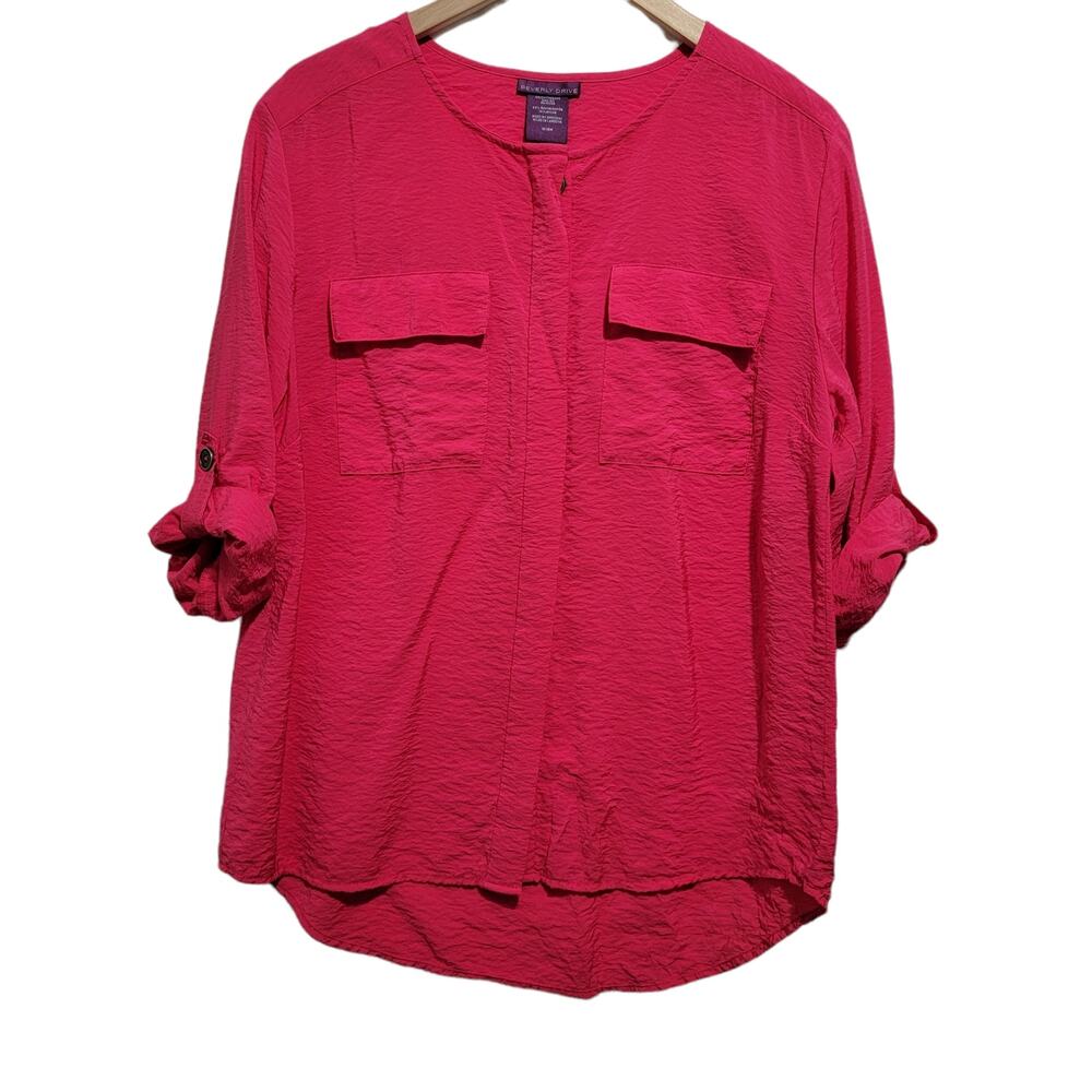 Beverly Drive Womens Pink Roll Tab Sleeve Button Front High Low 80s 90s 16/18W
